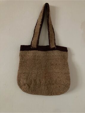 Beige Crochet Tote with Dark Brown Trim – Casual Everyday Bag